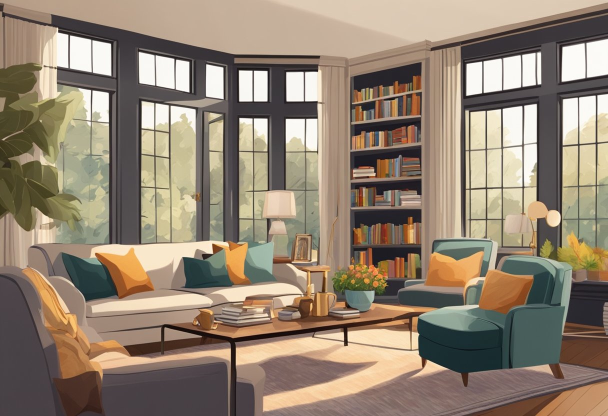 A cozy living room with a large, plush sofa, a low coffee table, and a fireplace. The walls are adorned with artwork and shelves filled with books. The room is filled with warm, natural light from the large windows