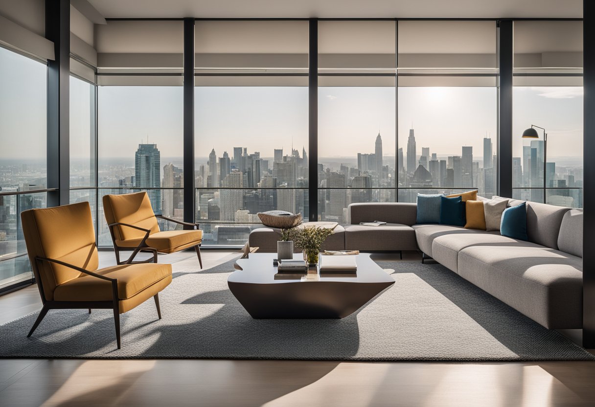 A modern living room with sleek furniture, a cozy rug, and large windows overlooking a city skyline. A minimalist color palette with pops of vibrant accents