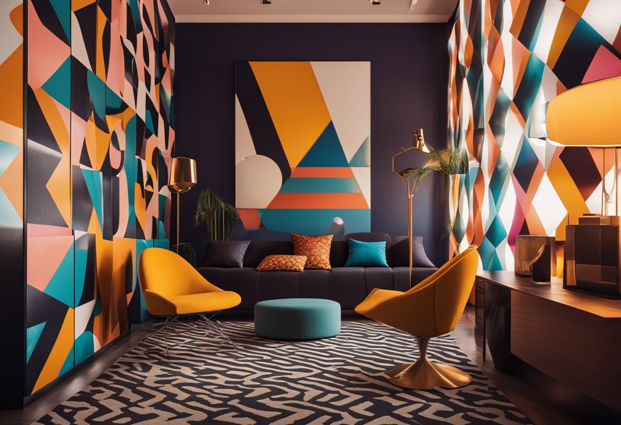 A room with bold geometric patterns, bright colors, and sleek furniture. Vintage posters and vinyl records adorn the walls, while a lava lamp emits a warm glow