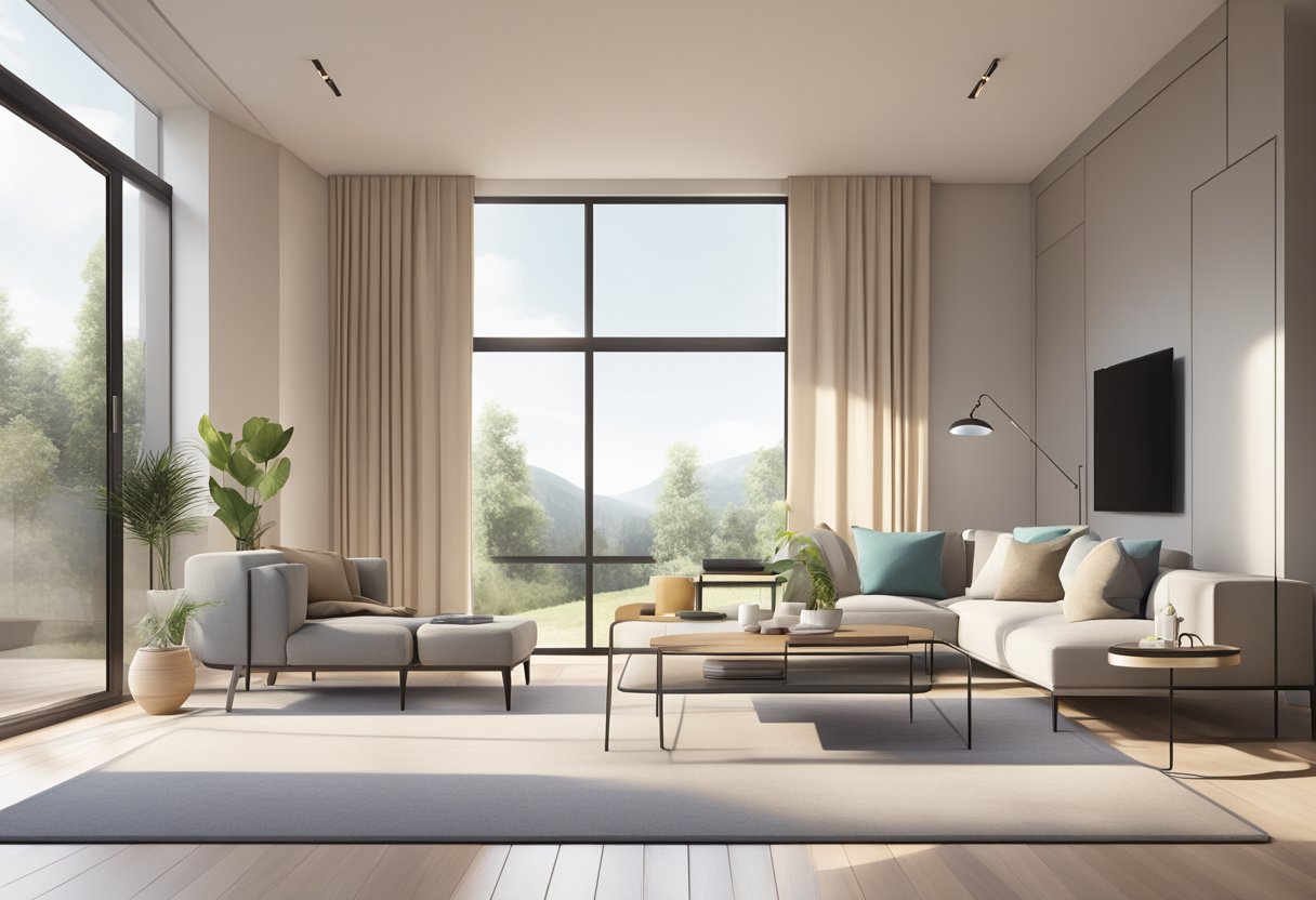 A modern, minimalist room with clean lines, neutral colors, and geometric shapes. A large window lets in natural light, illuminating the sleek furniture and accent pieces