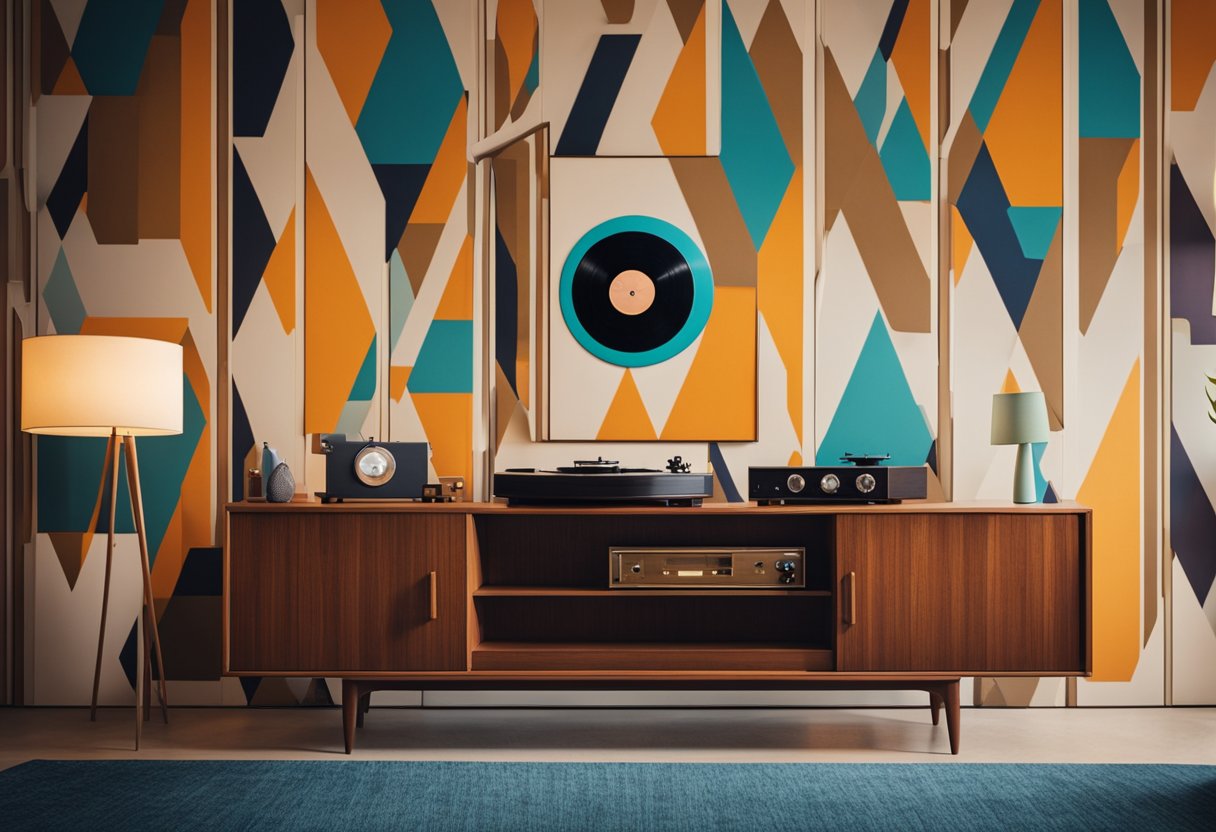 A living room with mid-century furniture, bold patterns, and vibrant colors. A record player sits on a sleek sideboard, while geometric shapes adorn the walls