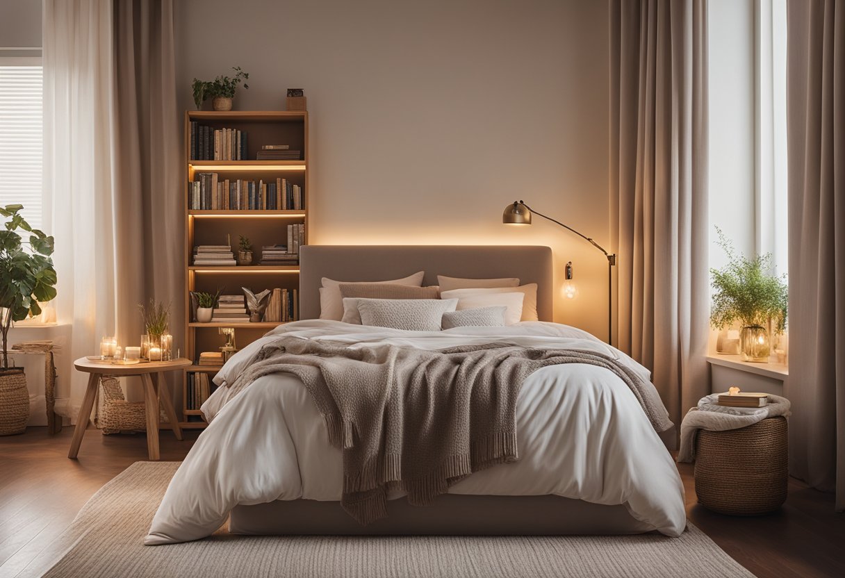 A warm, inviting bedroom with soft lighting, plush bedding, and cozy decor. A bookshelf filled with books and a comfortable reading nook. A serene color palette and natural elements create a peaceful sanctuary