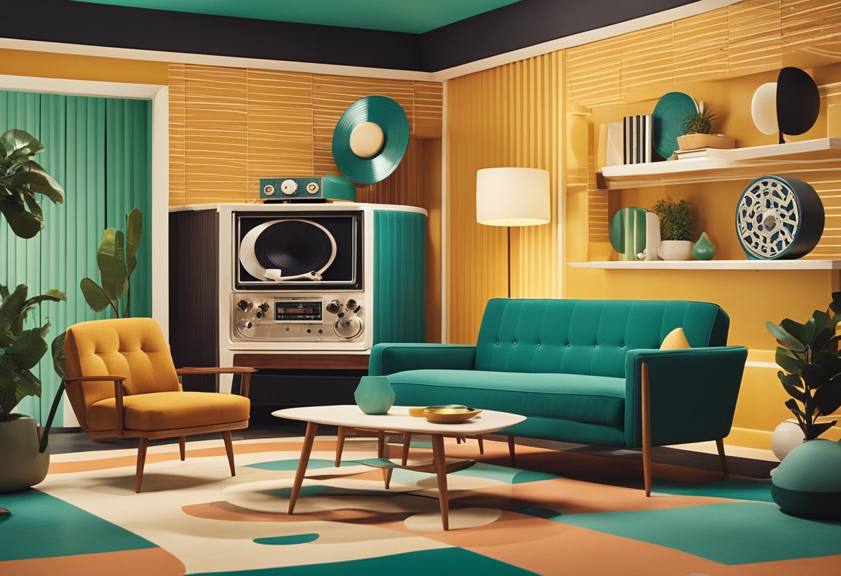 A cozy, 1950s-inspired living room with bold, geometric patterns, vintage furniture, and a vibrant color palette. A record player and mid-century modern decor complete the retro aesthetic