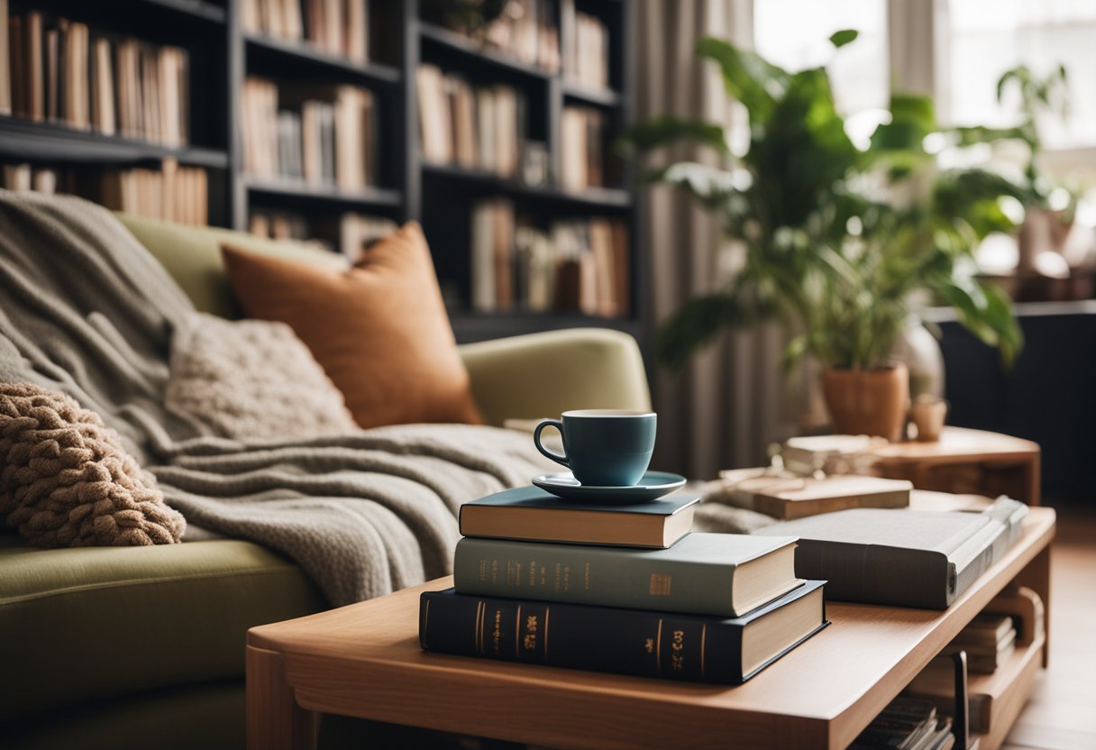 A warm, inviting living room with a comfy sofa, soft throw blankets, and a shelf filled with books and plants. A cozy reading nook with a plush armchair and a side table with a warm cup of tea
