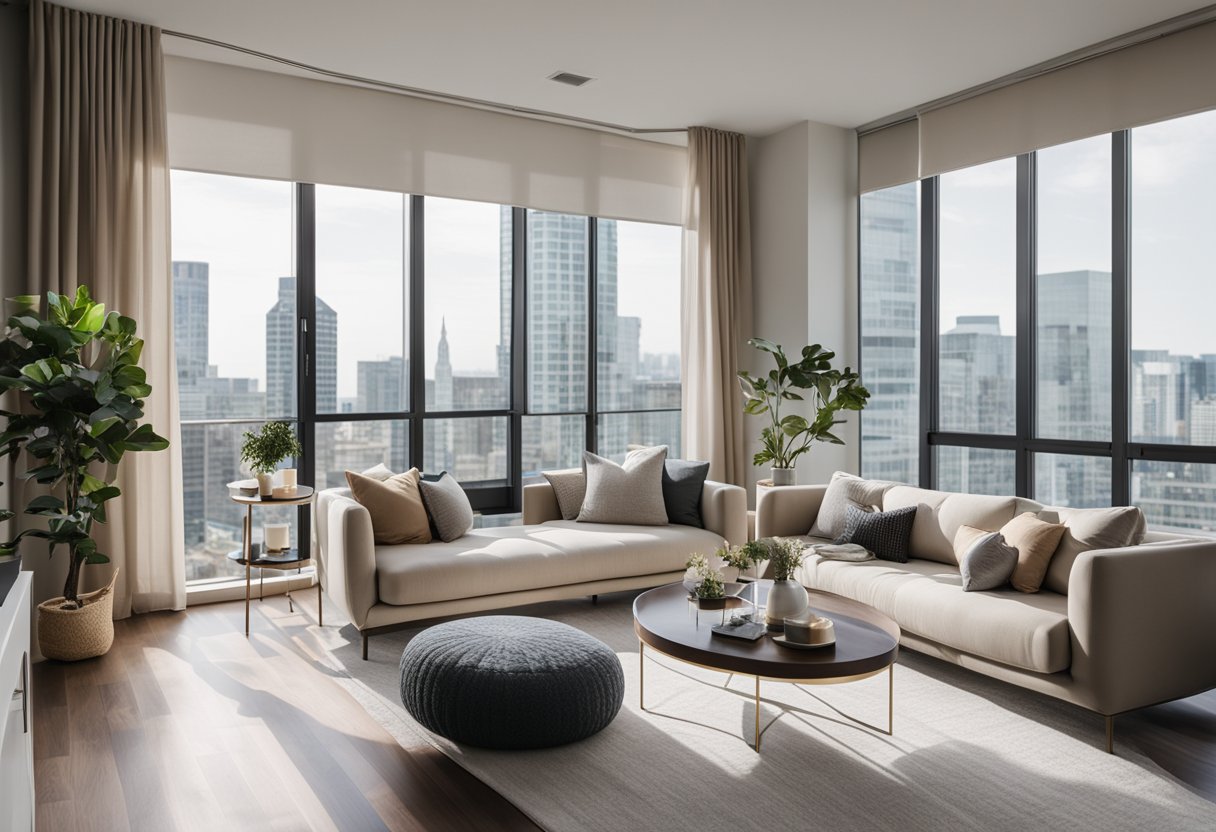 A modern condo living room with sleek furniture, neutral color palette, and large windows letting in natural light