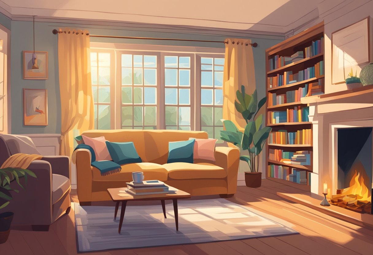 A cozy living room with a large, plush sofa facing a fireplace. Sunlight streams in through the window, casting a warm glow over the room. A bookshelf filled with books and decorative items lines one wall