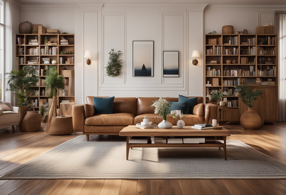 A cozy living room with a wooden coffee table, hardwood floors, and a large bookshelf filled with books and decorative items. The warm natural tones of the wood create a welcoming and inviting atmosphere