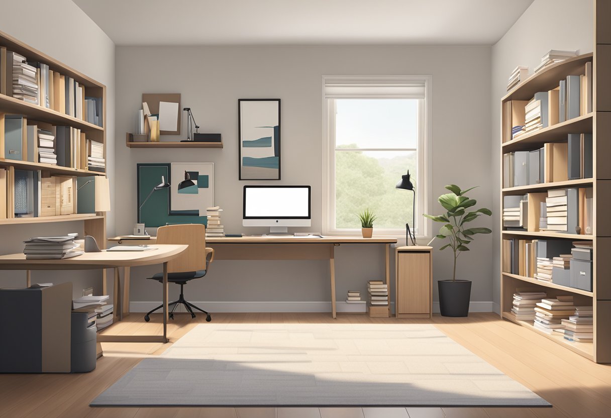 The room features a modern, minimalist design with clean lines, neutral colors, and plenty of natural light. A large desk with a computer sits against one wall, while shelves filled with neatly organized books and folders line the opposite wall