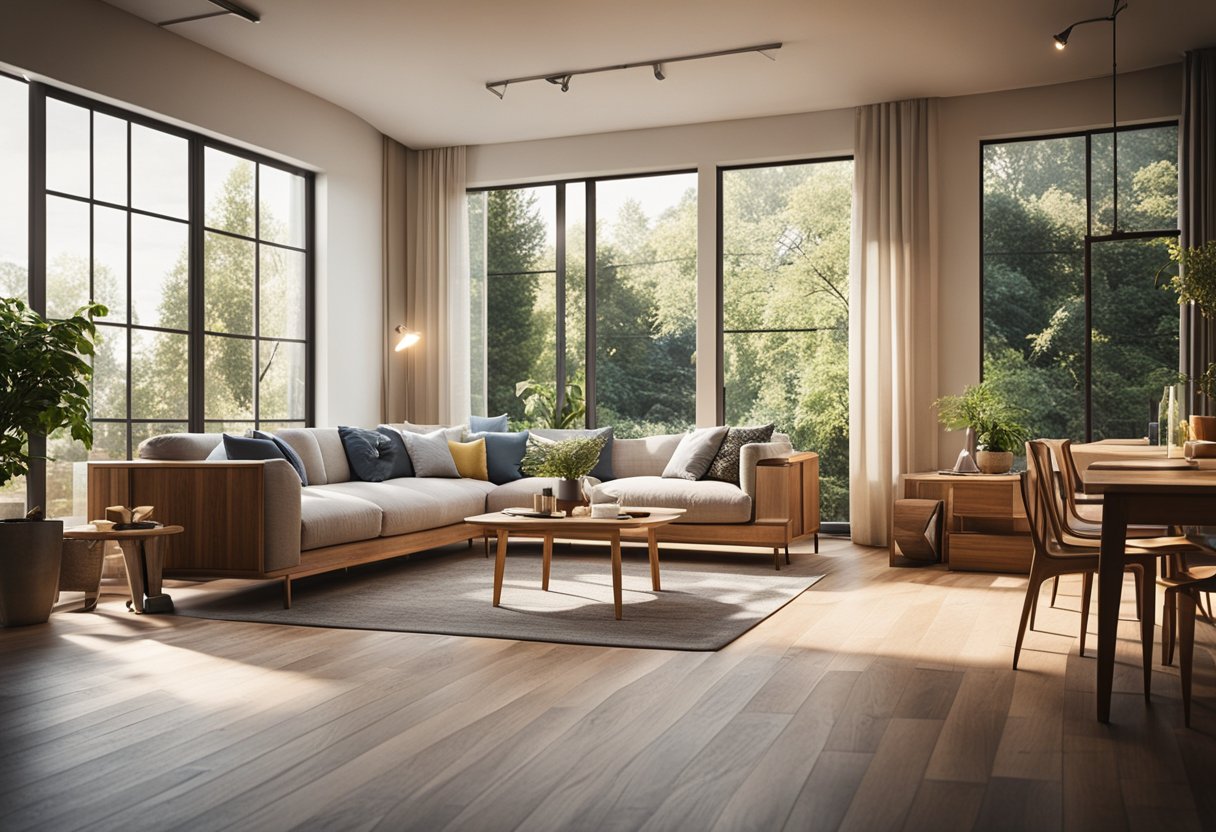 A cozy living room with wooden furniture, floors, and accents. Sunlight streams through the windows, casting warm, natural tones throughout the space