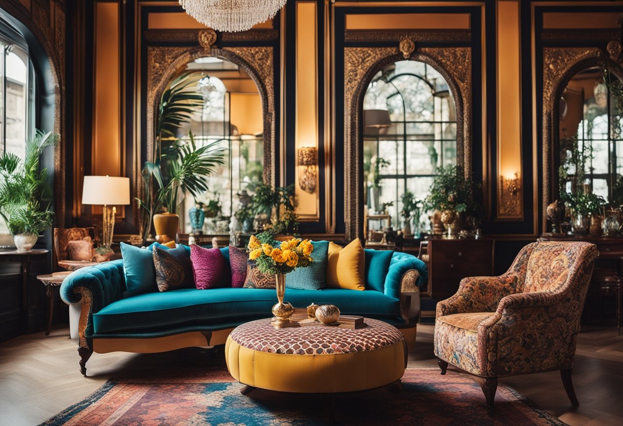 A maximalist interior with bold patterns, vibrant colors, and eclectic decor fills the room, including luxurious textures and ornate furniture