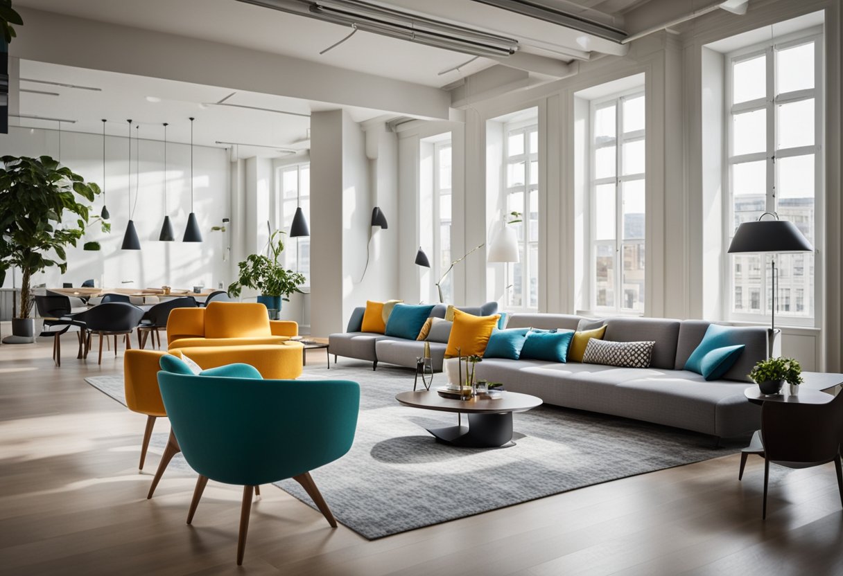 A spacious, well-lit room with sleek, modern furniture and vibrant pops of color. High ceilings and large windows create an airy, open atmosphere