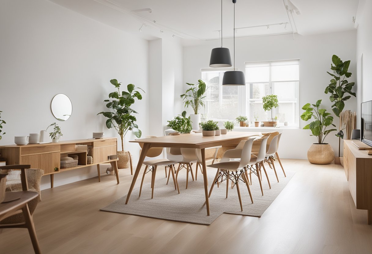 A spacious, airy room with clean lines, light wood furniture, and simple, functional decor. White walls and natural light create a bright, welcoming atmosphere