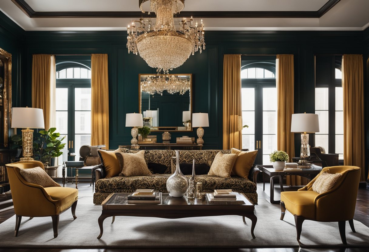 A lavish living room with ornate furniture, bold patterns, and rich colors. Intricate details cover every surface, from the walls to the ceiling