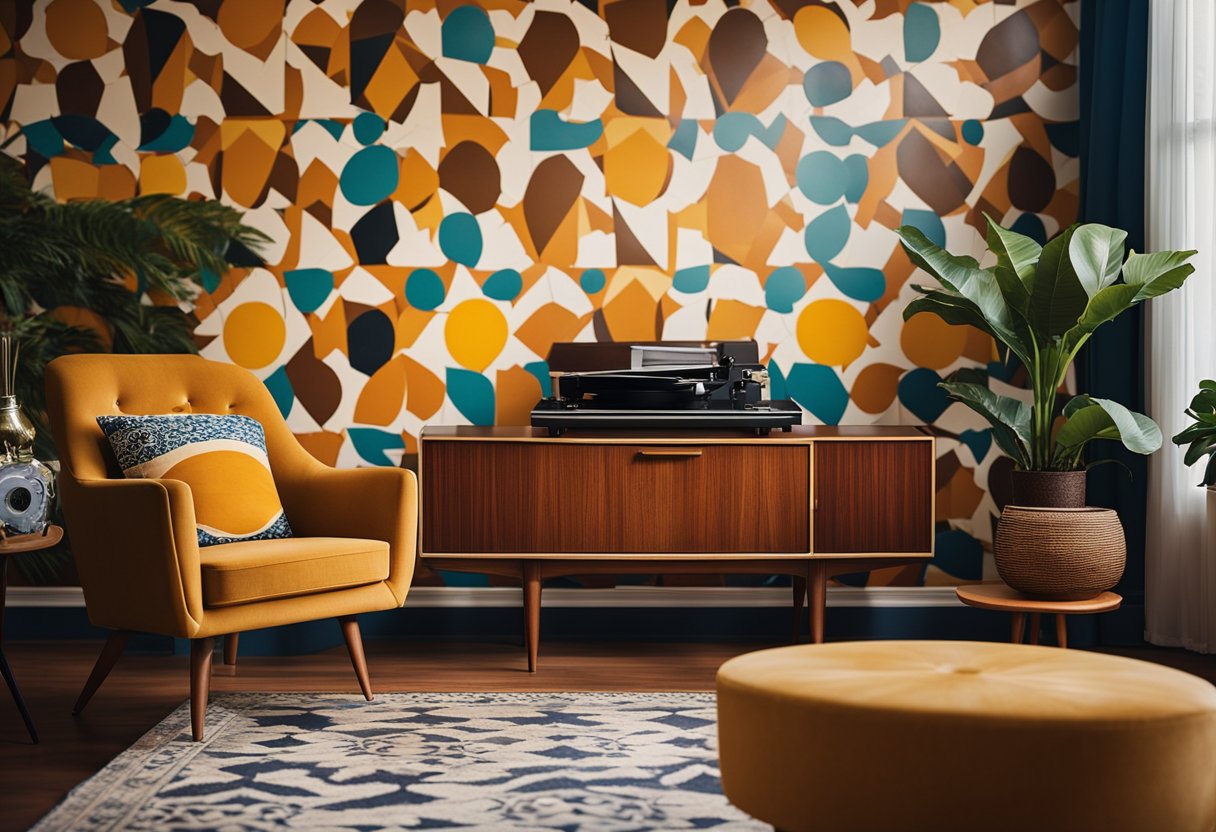 A vintage living room with mid-century furniture, bold patterns, and vibrant colors. A record player sits on a teak sideboard, while geometric wallpaper adorns the walls