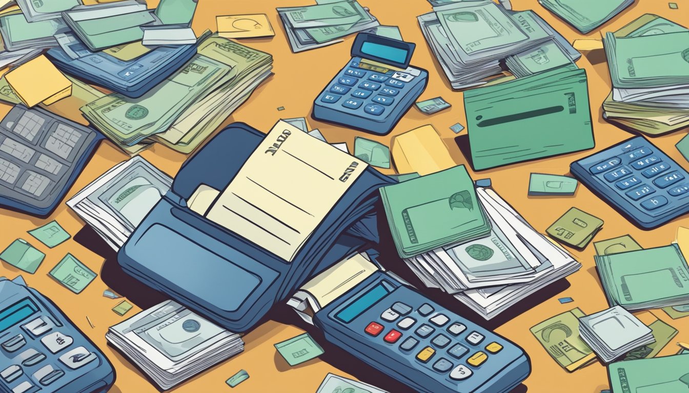 A stack of credit cards surrounded by a tangle of bills and a calculator, with a worried expression on a person's face