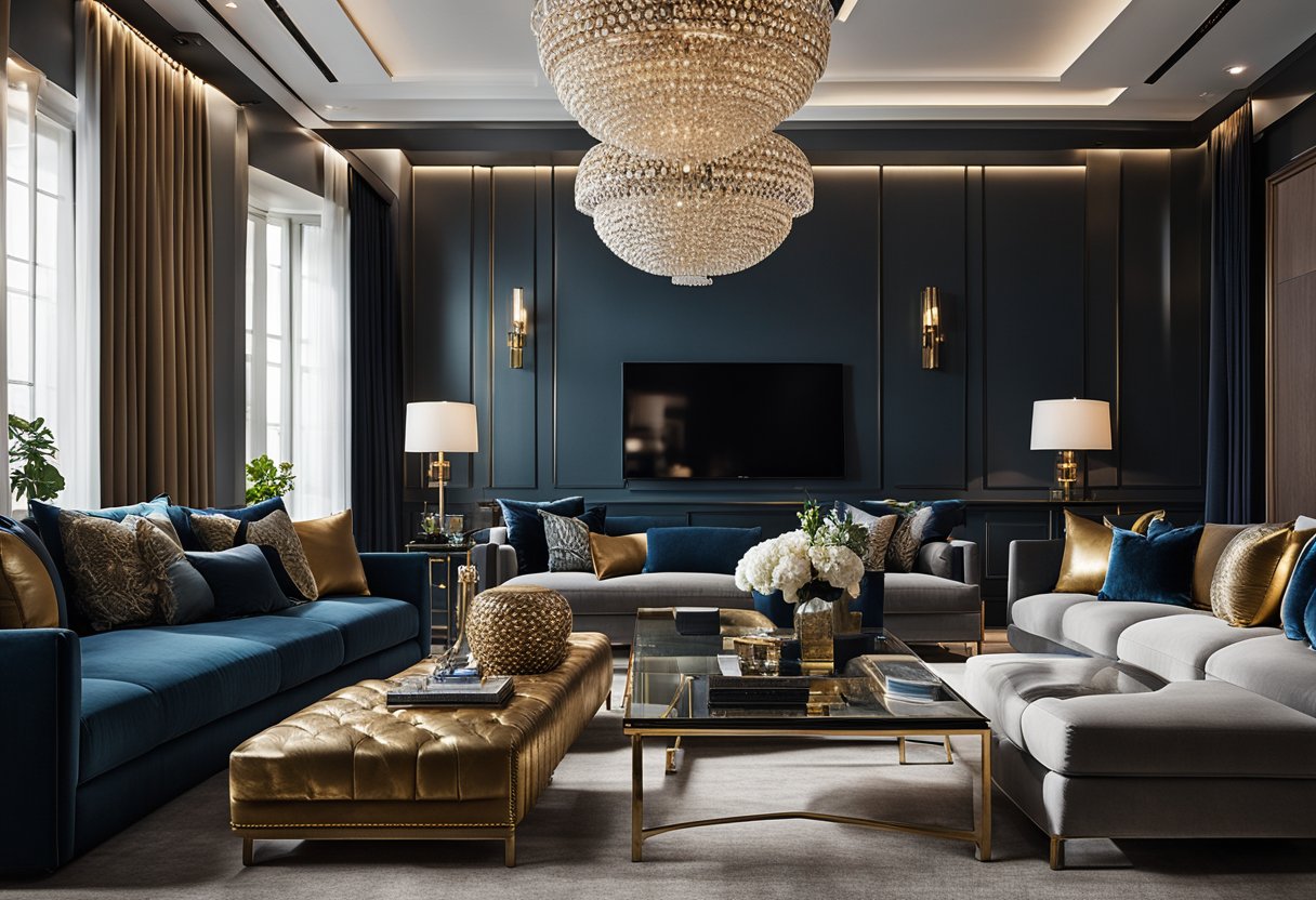 A luxurious living room with bold, dramatic furniture, elegant lighting, and sleek, modern decor. Rich textures and vibrant colors create a sense of opulence and sophistication