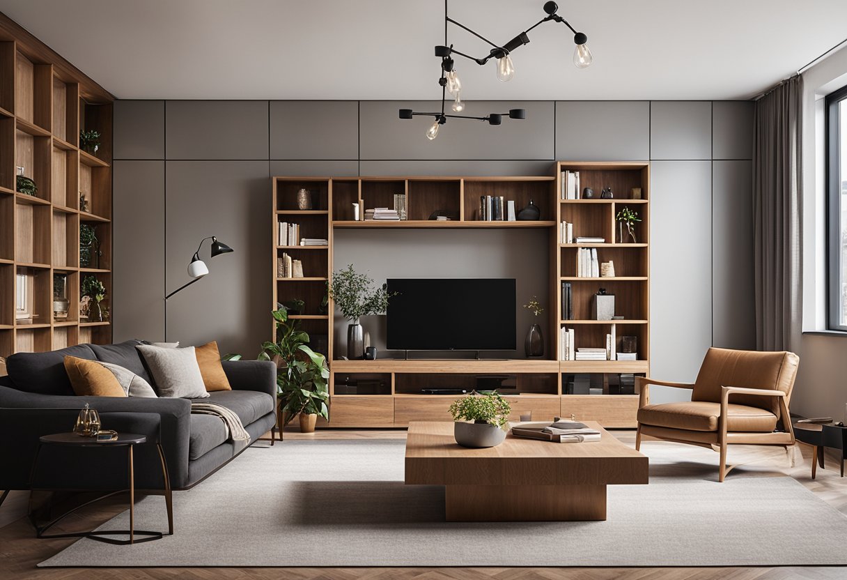 A modern living room with a sleek wooden coffee table, bookshelves, and accent wall. The wood adds warmth and texture to the minimalist design