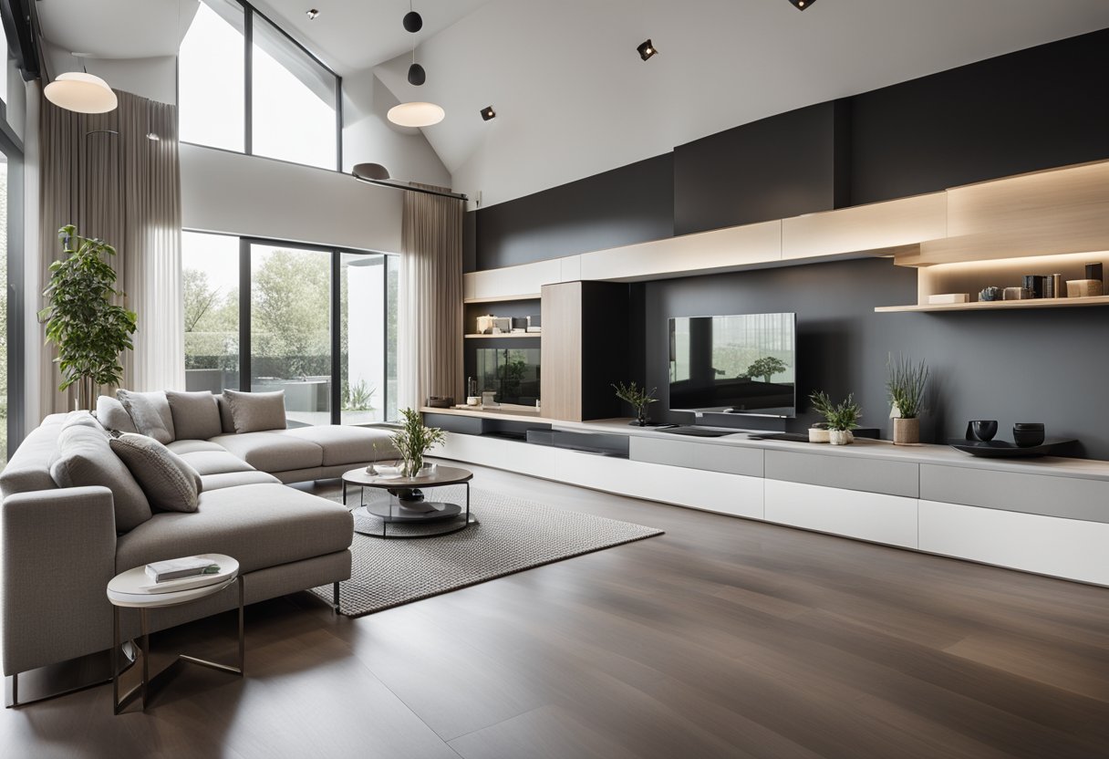 A sleek, minimalist living room with clean lines, neutral colors, and modern furniture. Large windows let in natural light, highlighting the open floor plan and sleek, polished surfaces