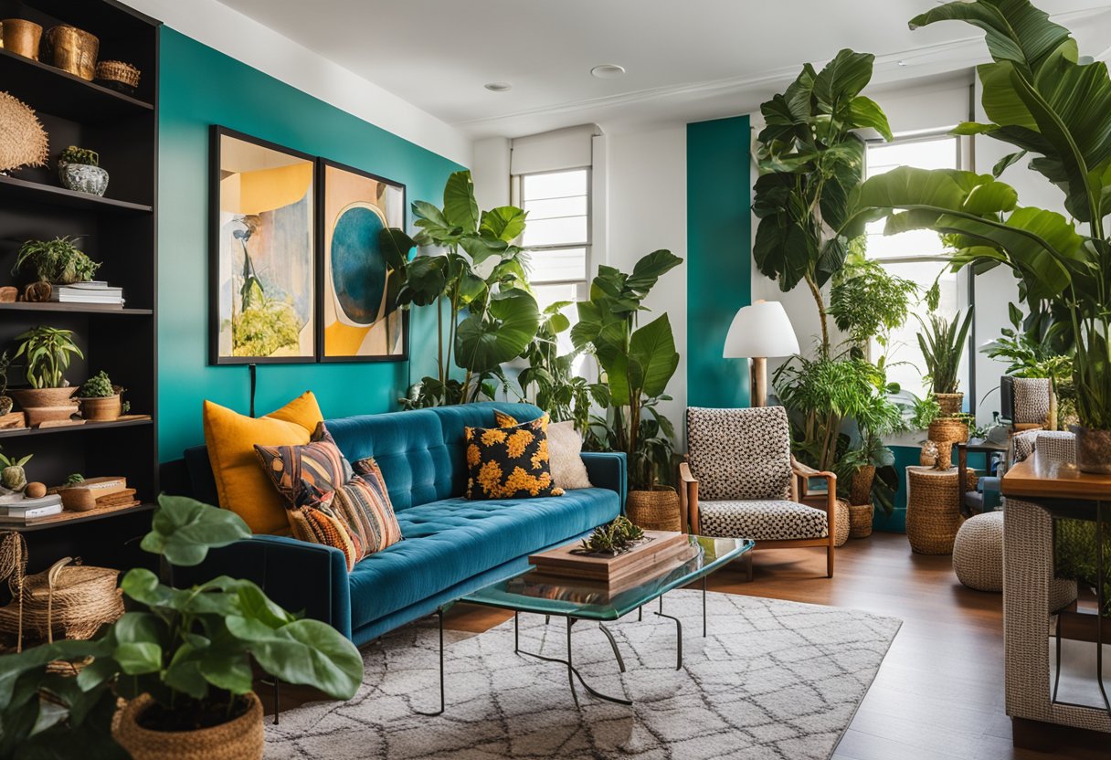 A room filled with vibrant colors, bold patterns, and an eclectic mix of furniture and decor. Overflowing with art, plants, and decorative objects, creating a visually stimulating and richly layered space