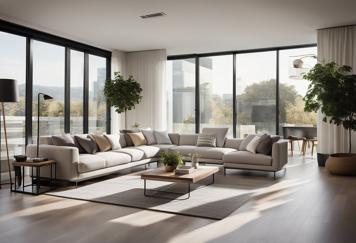 A spacious, open-concept living room with clean lines, minimalistic furniture, and neutral color palette. Large windows allow natural light to flood the space, creating a bright and airy atmosphere