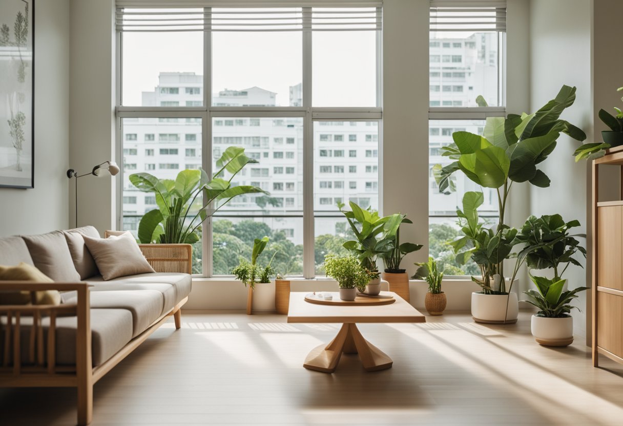 A bright and airy HDB living room with clean lines, light wood furniture, and neutral colors. A large window lets in natural light, and potted plants add a touch of greenery to the space