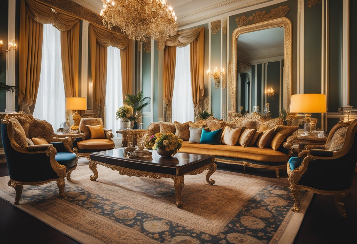 A grand, opulent interior filled with vibrant colors, intricate patterns, and luxurious textures, showcasing an abundance of decorative elements and ornate furniture