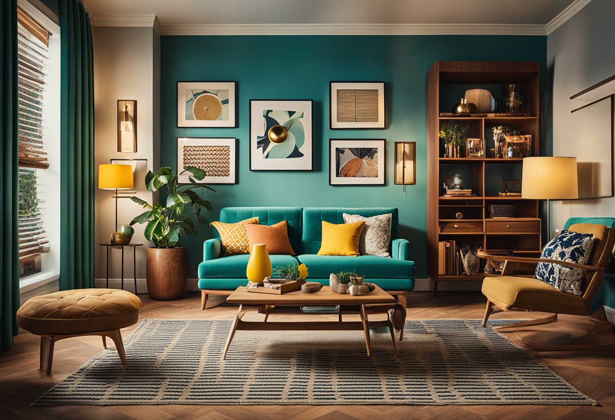 A modern living room with vintage furniture, bold patterns, and vibrant colors. Retro elements include a record player, rotary phone, and mid-century lighting