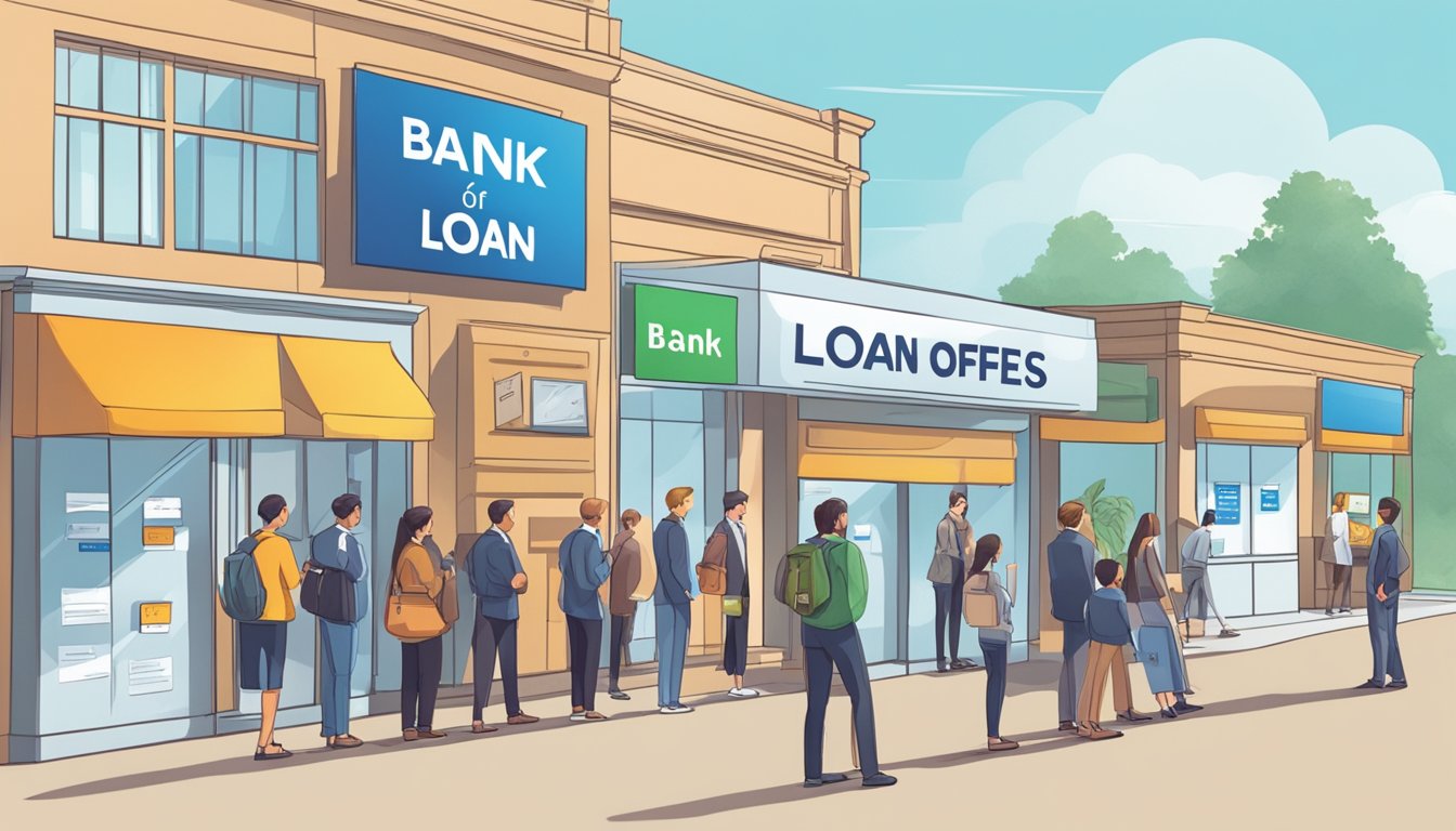 A group of people lining up at a bank, with signs and banners promoting personal loan offers