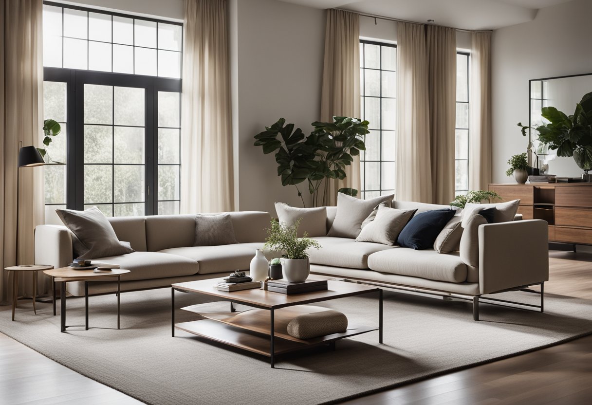 A sleek, minimalist living room with clean lines, neutral colors, and a mix of modern and vintage furniture. Large windows let in natural light, highlighting the sleek, uncluttered design