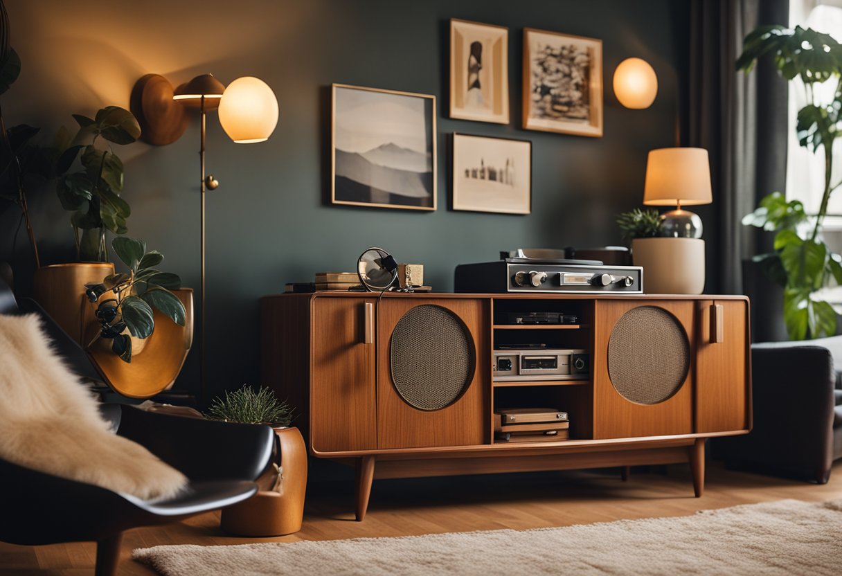 A cozy living room with vintage furniture and decor. A record player sits on a mid-century modern sideboard, while a rotary phone and retro lamps adorn the room
