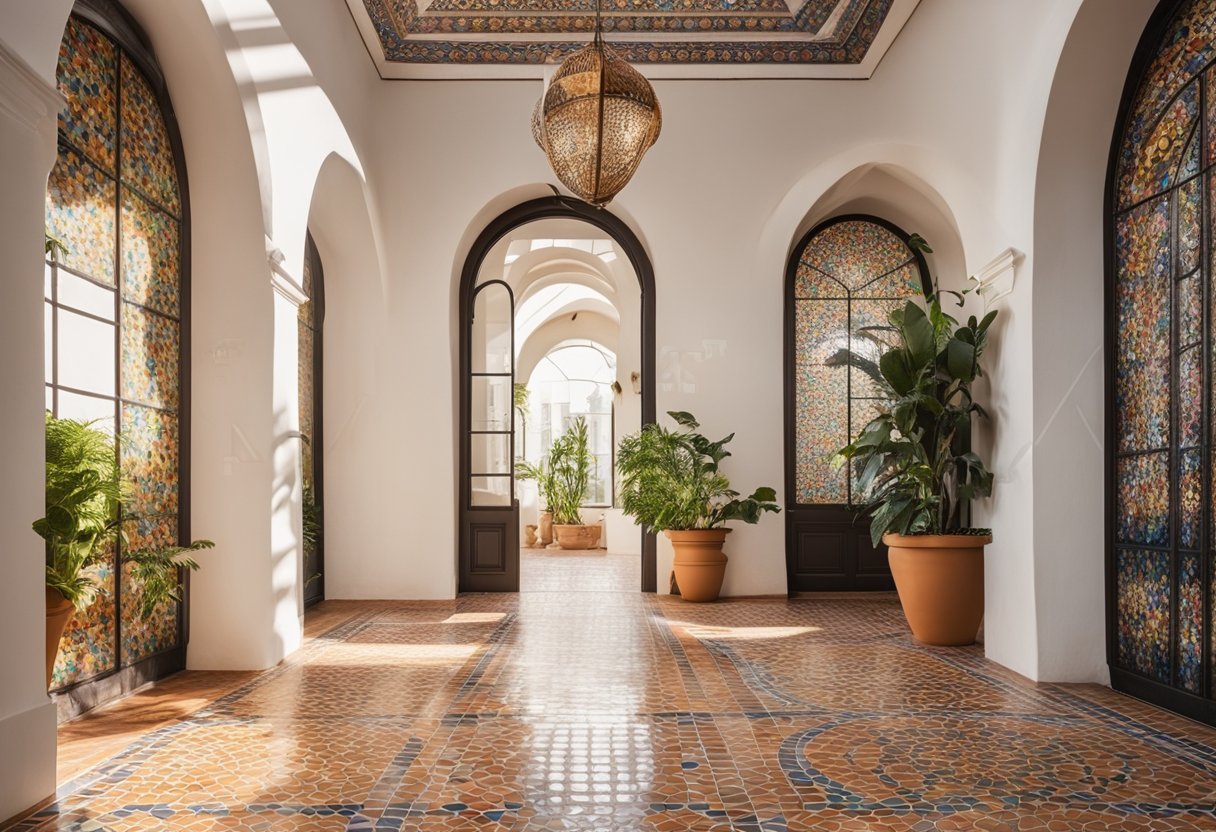 A sunlit room with white walls, terracotta floors, and arched doorways. The space is adorned with colorful mosaic tiles, wrought iron accents, and potted plants