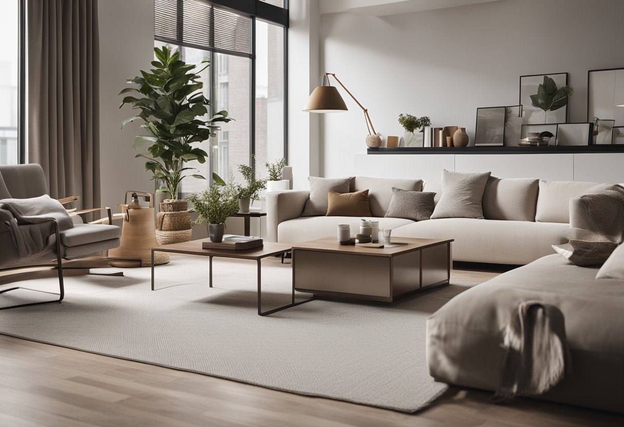 A clean, open-concept living space with neutral colors, natural light, and simple, functional furniture. Minimalist decor and clean lines create a peaceful, uncluttered environment