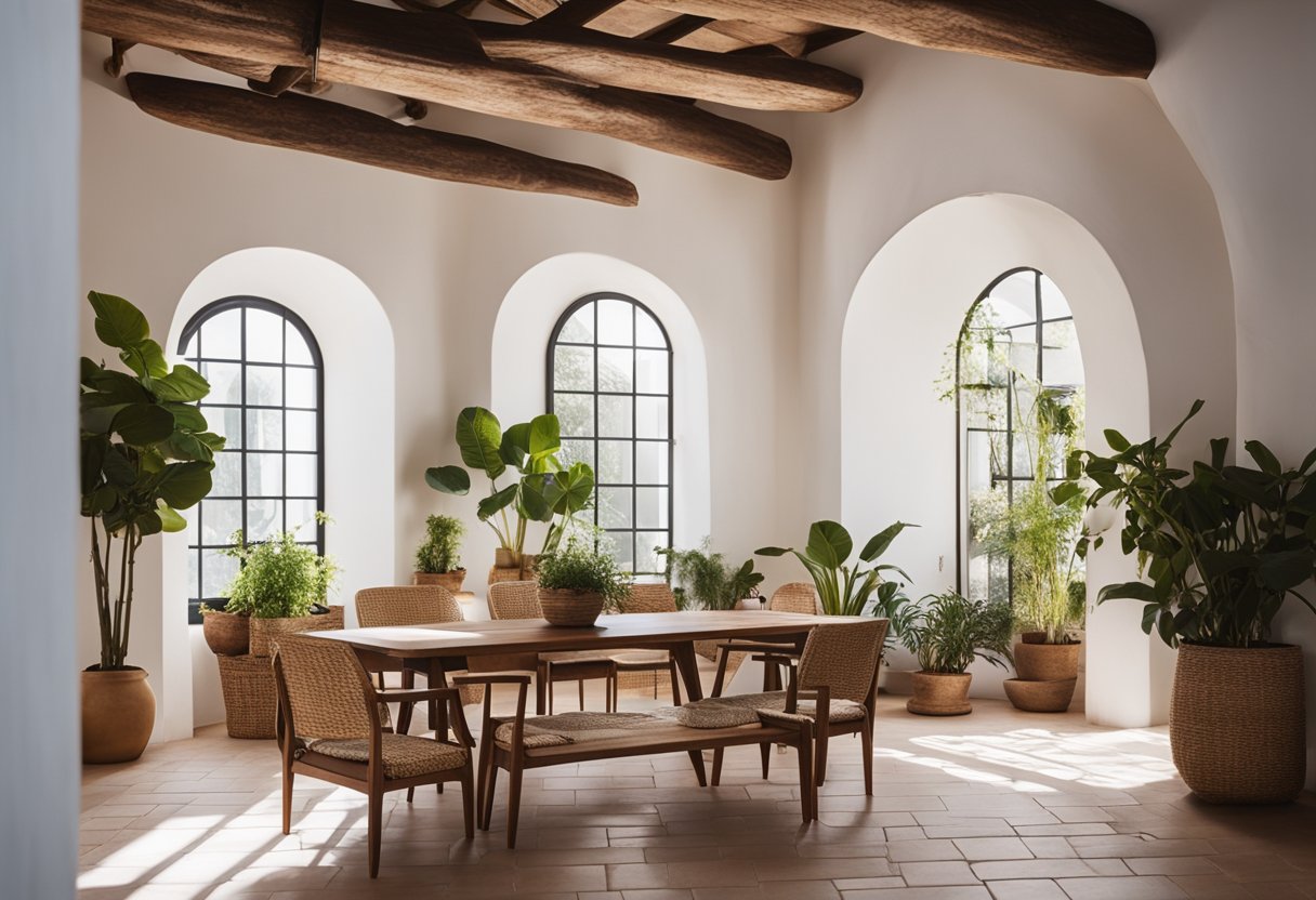 A sunlit room with white walls, arched doorways, and tiled floors. Decor includes rustic wooden furniture, vibrant textiles, and potted plants