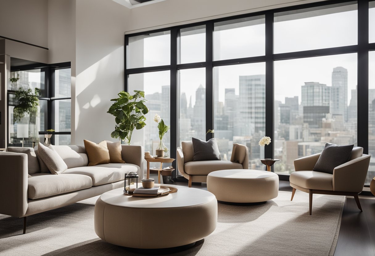 A modern living room with sleek furniture, neutral color palette, and minimalist decor. Large windows allow natural light to fill the space, creating a warm and inviting atmosphere