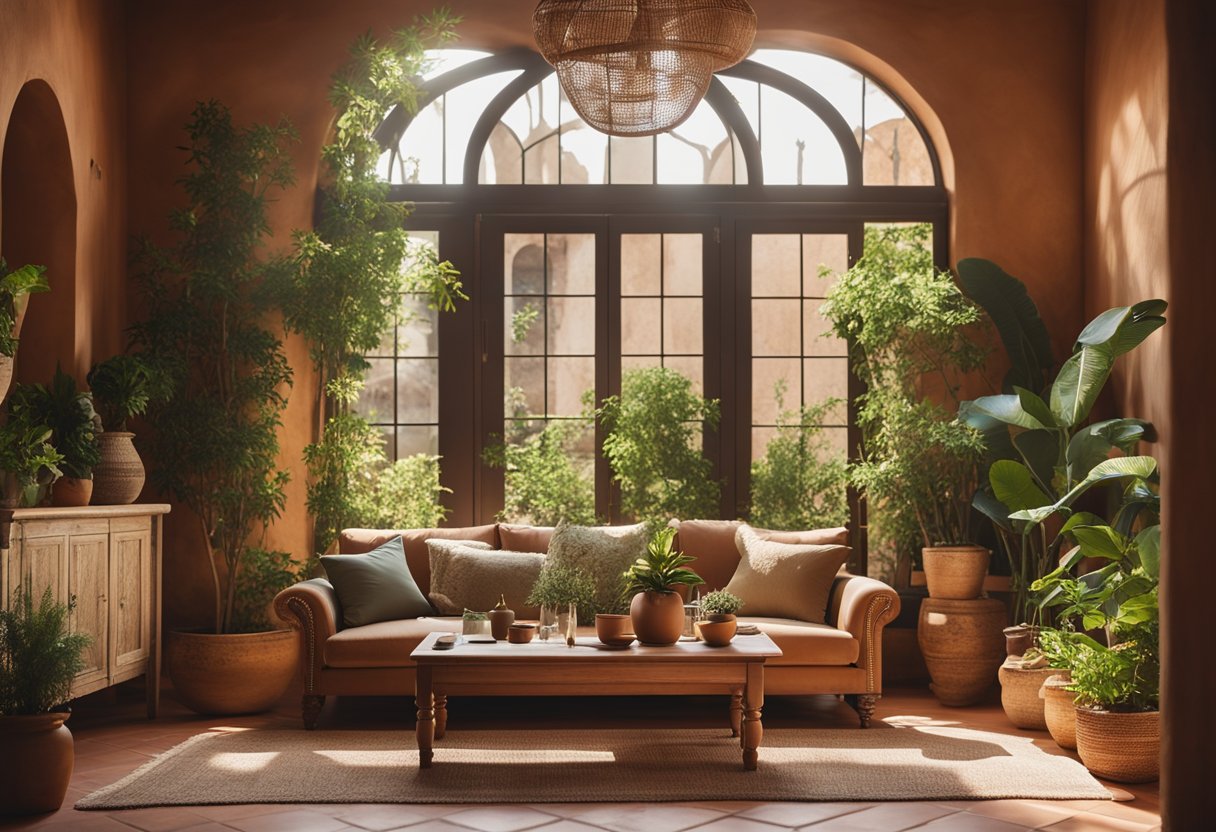 A cozy living room with earthy tones, textured walls, and rustic wooden furniture. Sunlight filters through sheer curtains, casting a warm glow on the terracotta floor. Lush green plants and colorful ceramic decor add a touch of Mediterranean charm