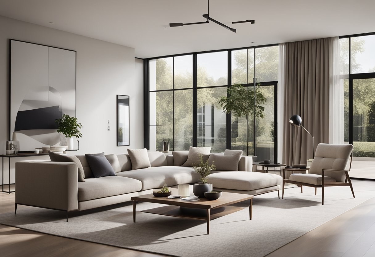 A sleek, minimalist living room with clean lines, neutral colors, and modern furniture. Large windows let in natural light, showcasing the open floor plan and minimalist decor