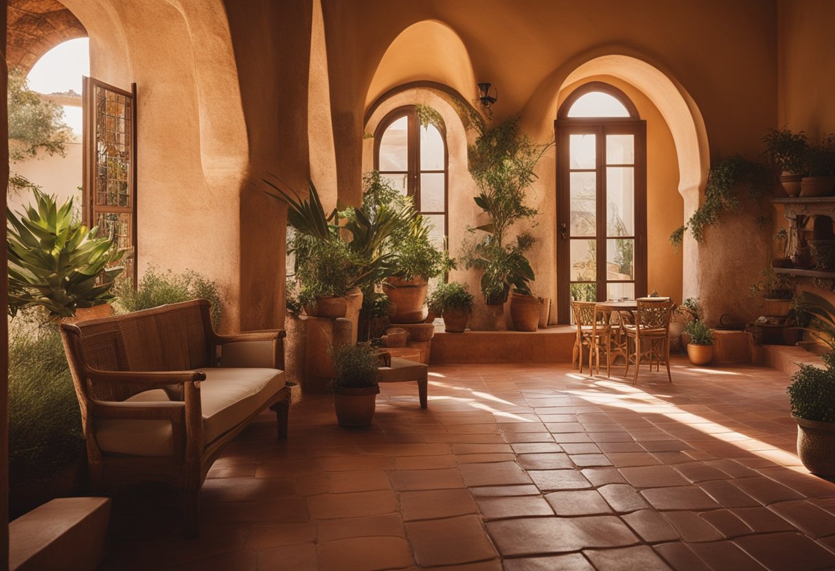 A cozy Mediterranean interior with rustic furniture, earthy tones, and natural textures. Warm sunlight streams through arched windows, casting soft shadows on the terracotta tiled floor