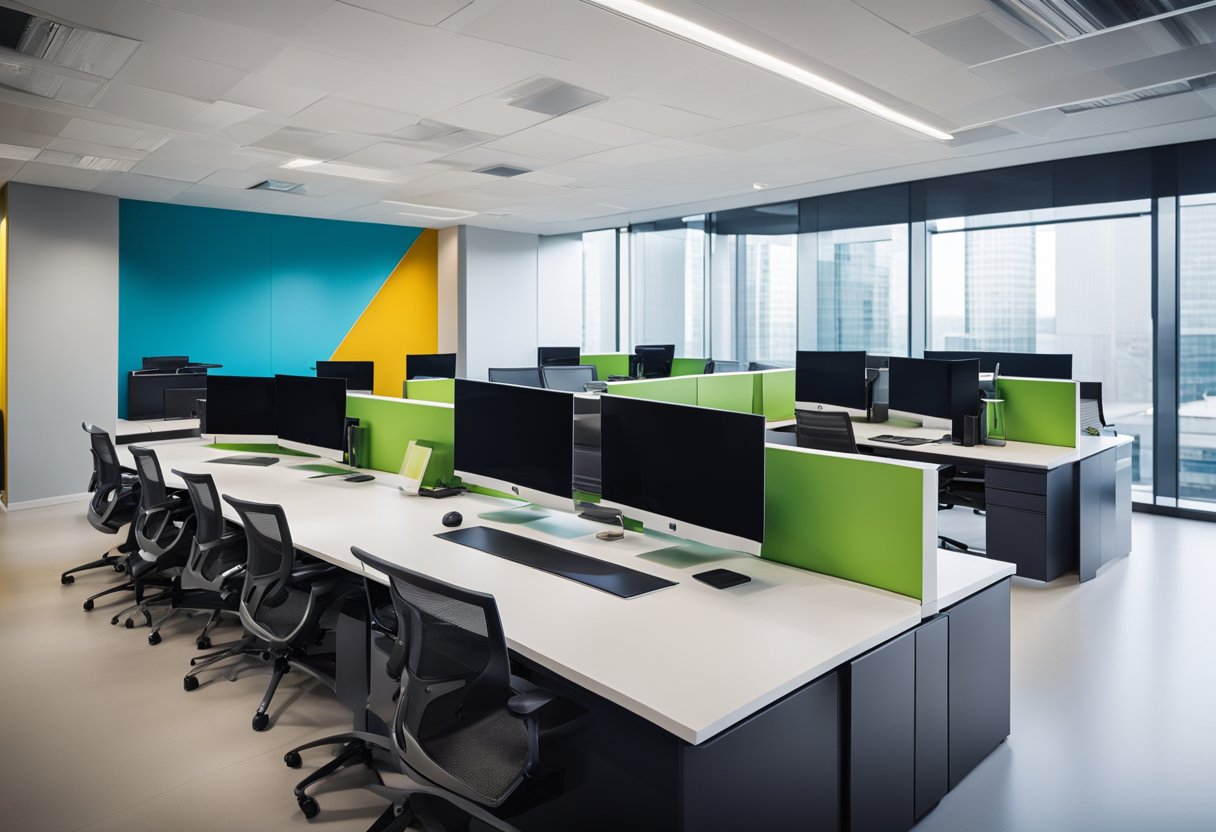 A modern office space with sleek furniture, vibrant colors, and innovative technology. The room exudes creativity and professionalism, with clean lines and a sense of energy