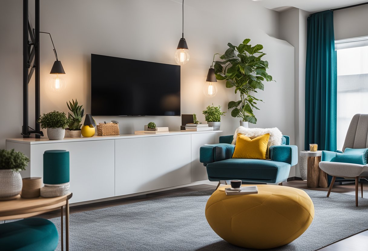 A modern, open-concept interior design with sleek furniture and vibrant pops of color. A large, wall-mounted TV displays the "Frequently Asked Questions" section, while a cozy reading nook sits in the corner