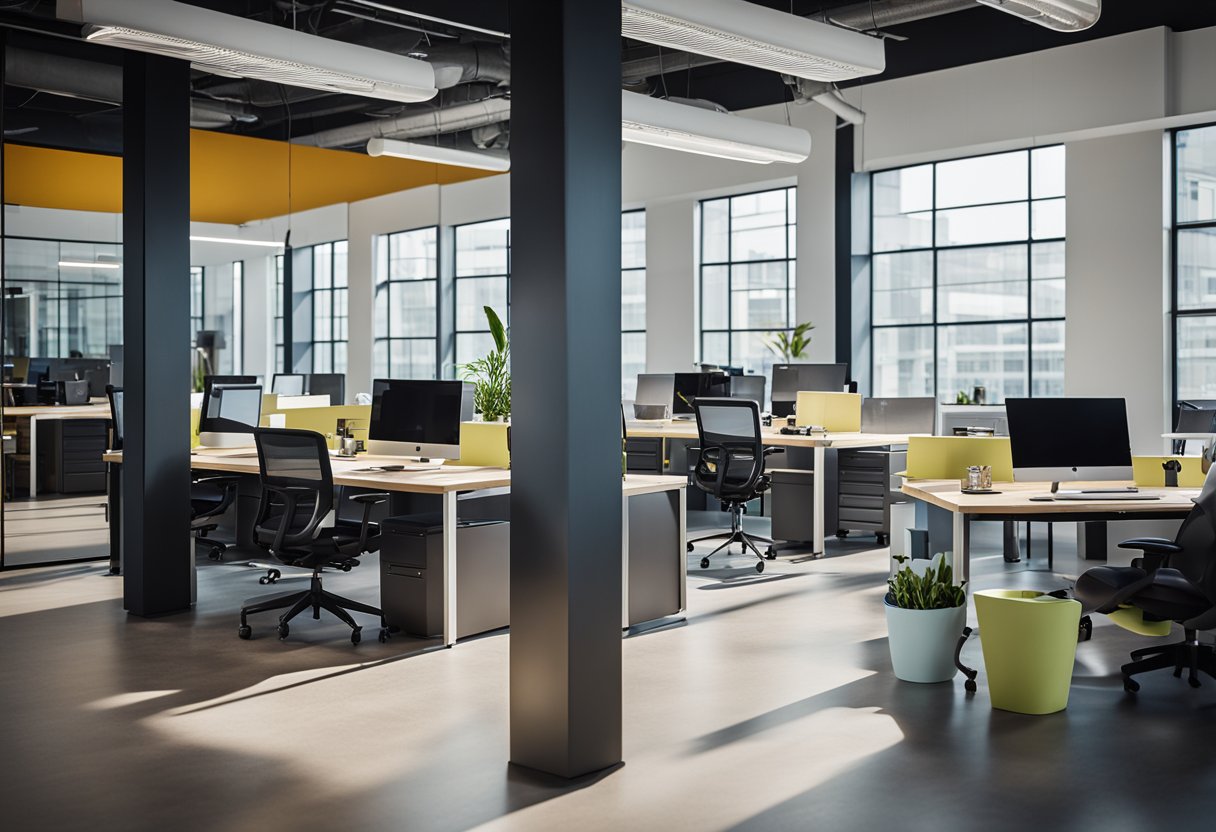 A modern, open-concept office with vibrant colors and flexible workspaces. Large windows allow natural light to flood the room, while collaborative areas feature comfortable seating and whiteboards for brainstorming