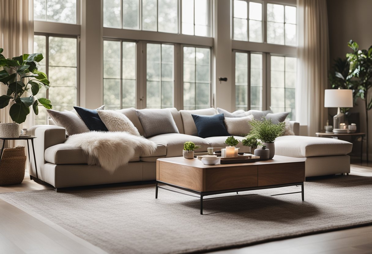 A cozy living room with a neutral color palette, a plush sofa, a statement rug, and plenty of natural light streaming in through large windows