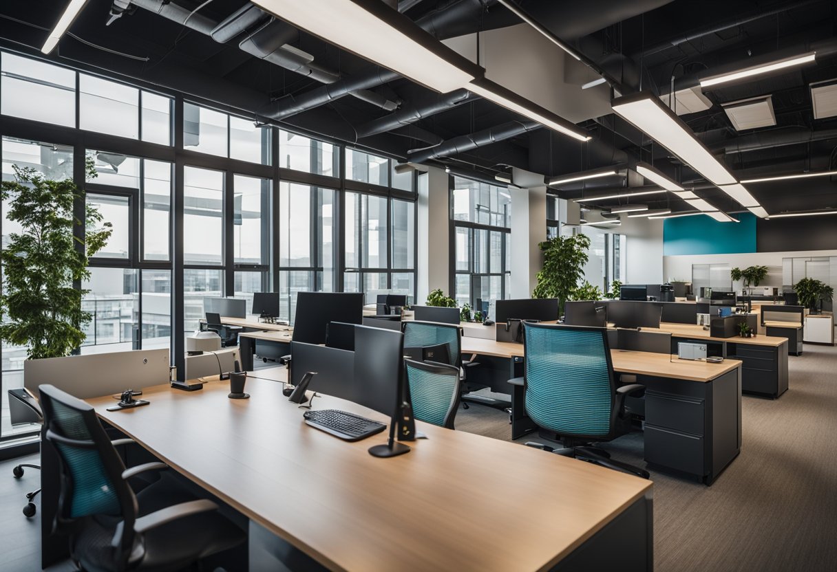 Modern office with open floor plan, vibrant colors, and collaborative workspaces. Large windows let in natural light. Tech-inspired decor and comfortable seating areas