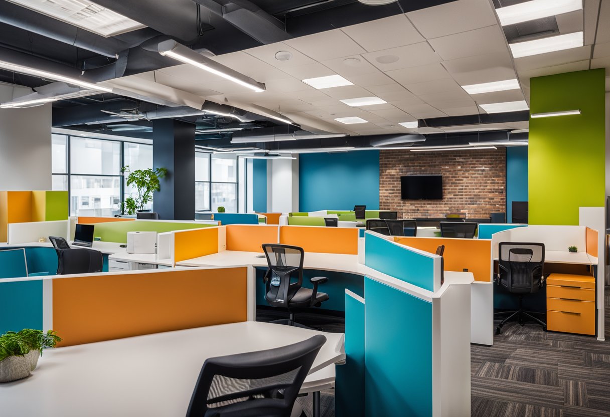 The office interior features vibrant colors, modern furniture, and bold branding elements. The walls showcase the agency's work, while the open layout encourages collaboration and creativity