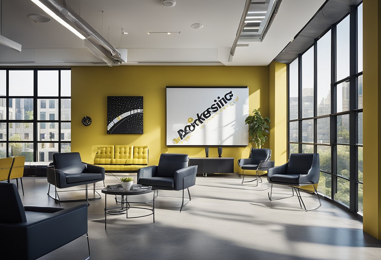 The advertising agency office interior features modern furniture, a sleek reception area, vibrant wall art, and large windows allowing natural light to fill the space