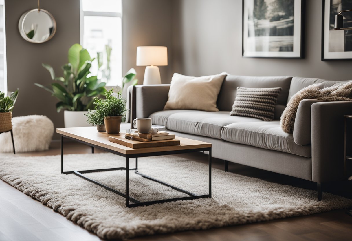 A cozy living room with a plush sofa, soft throw pillows, warm lighting, and a stylish coffee table. A large rug ties the room together, while artwork and plants add a touch of personality