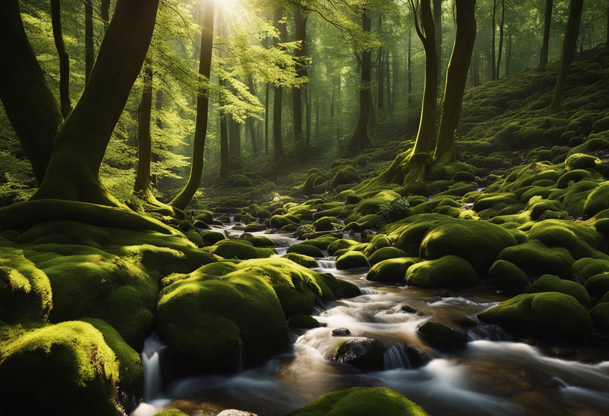 Sunlight filters through the dense forest canopy, casting dappled patterns on the moss-covered ground. A babbling brook winds its way through the trees, while birds chirp and flit among the branches