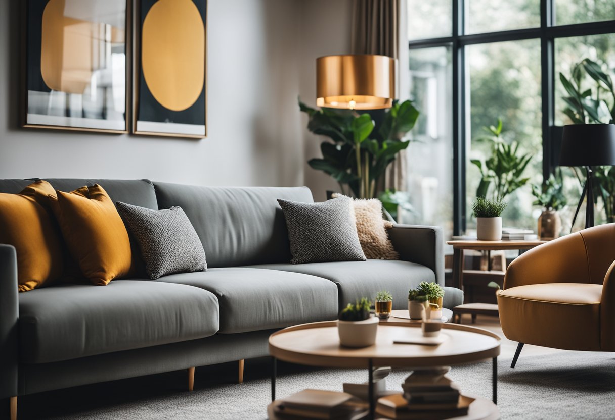 A cozy living room with modern furniture, warm lighting, and vibrant accent colors. A comfortable sofa and stylish coffee table create a welcoming atmosphere