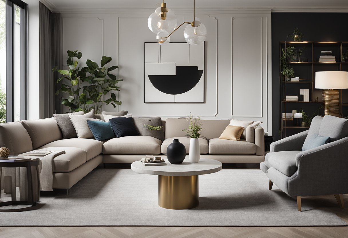 A modern living room with sleek furniture, neutral tones, and pops of color. Clean lines and minimalistic decor create a sophisticated yet inviting space