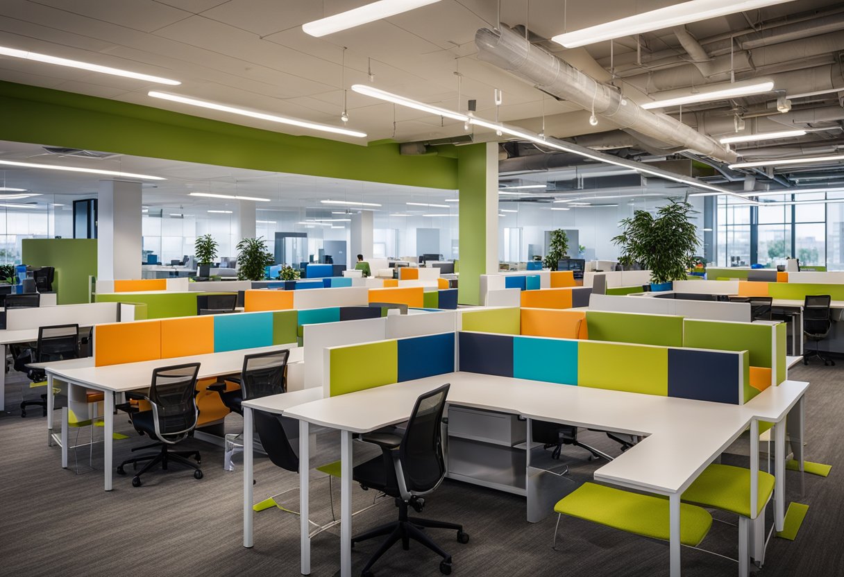The Facebook office interior features modern furniture, vibrant colors, and open spaces, creating a dynamic and collaborative workspace