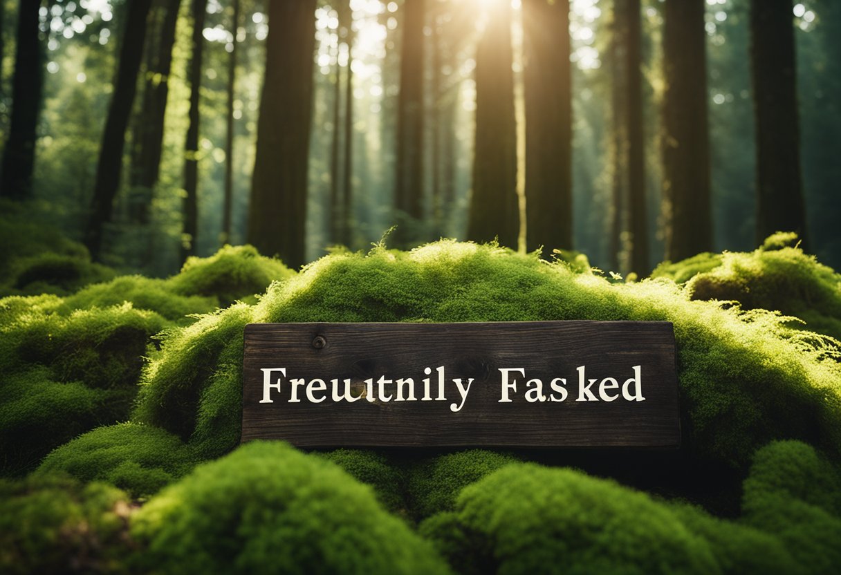 Sunlight filters through the dense forest, casting dappled shadows on the moss-covered ground. A rustic wooden sign reads "Frequently Asked Questions" nestled among the towering trees and lush greenery
